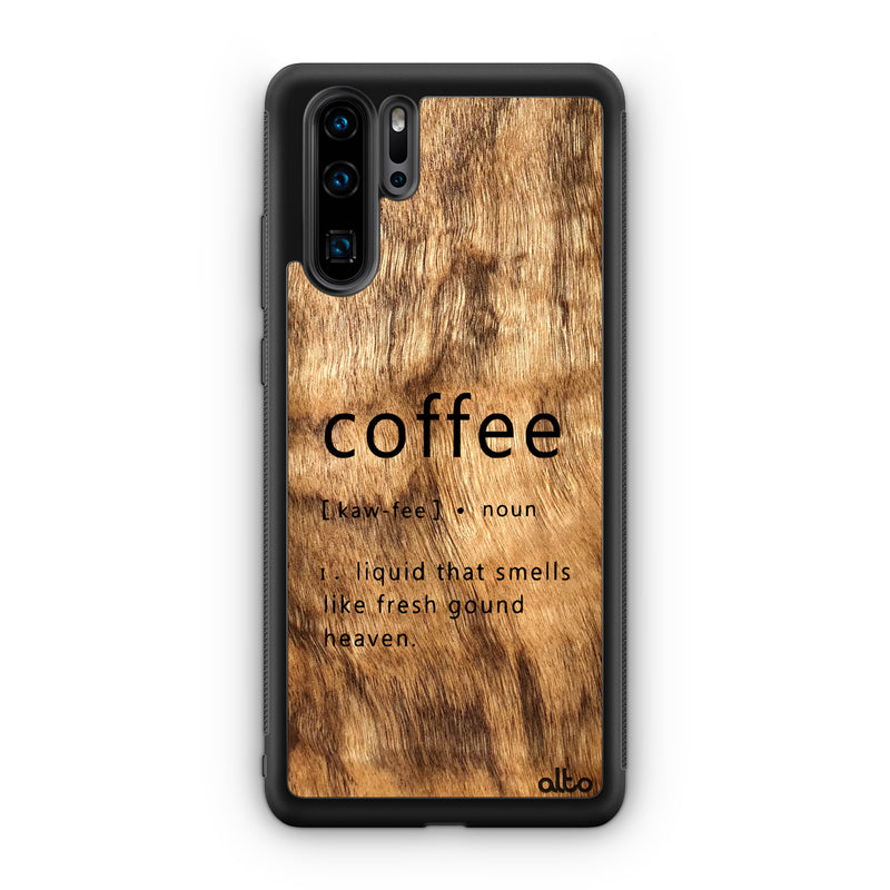 Huawei P40, P30 Pro, P30 Lite Wooden Case - Coffee Design | Olive Wood | Lightweight, Hand Crafted, Carved Phone Case