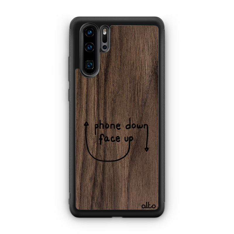 Huawei P40, P30 Pro, P30 Lite Wooden Case - Face Up Design | Walnut Wood | Lightweight, Hand Crafted, Carved Phone Case
