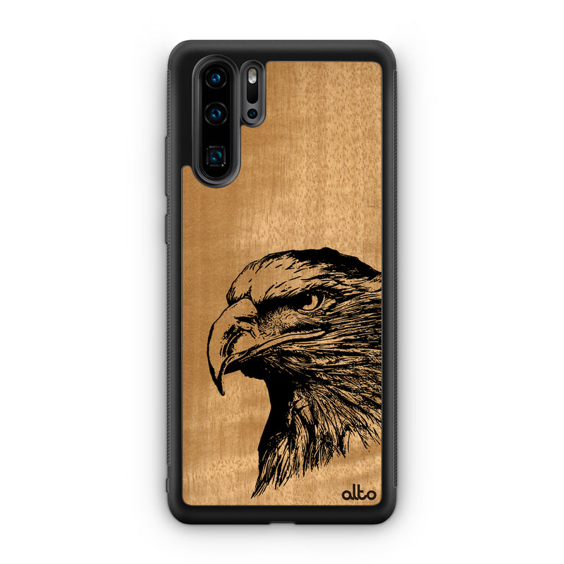 Huawei P40, P30 Pro, P30 Lite Wooden Case - Eagle Design | Anigre Wood | Lightweight, Hand Crafted, Carved Phone Case