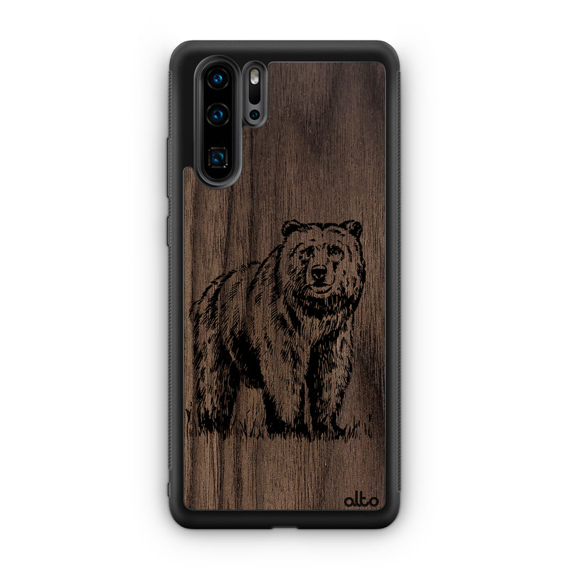 Huawei P40, P30 Pro, P30 Lite Wooden Case - Grizzly Design | Walnut Wood | Lightweight, Hand Crafted, Carved Phone Case