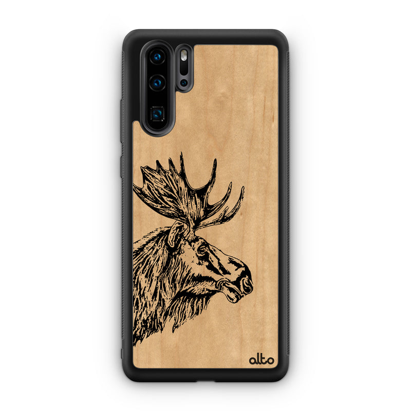 Huawei P40, P30 Pro, P30 Lite Wooden Case - Moose Design | Maple Wood | Lightweight, Hand Crafted, Carved Phone Case