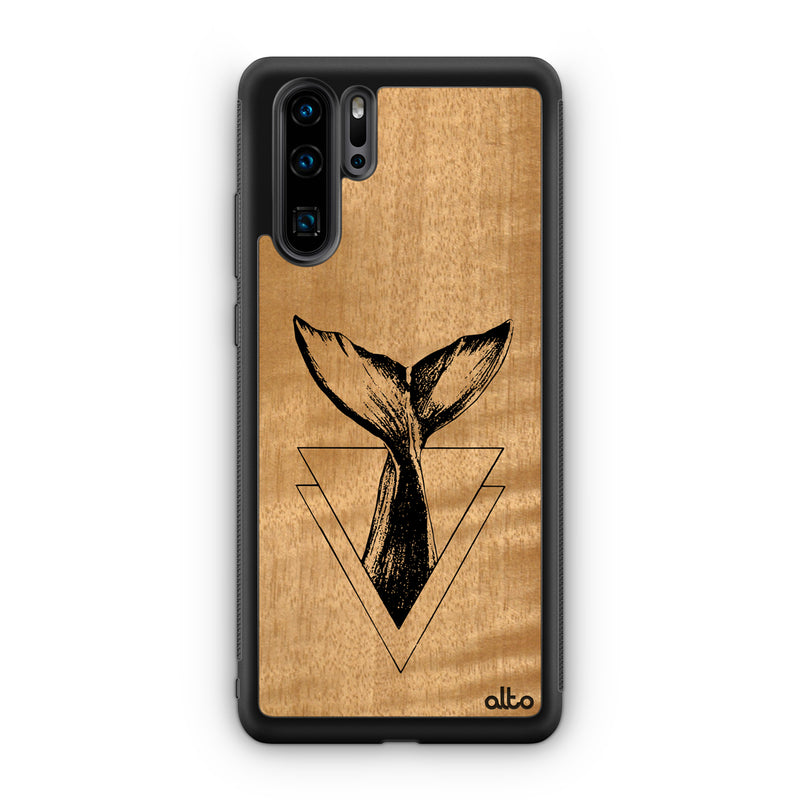 Huawei P40, P30 Pro, P30 Lite Wooden Case - Whale Tail Design | Anigre Wood | Lightweight, Hand Crafted, Carved Phone Case