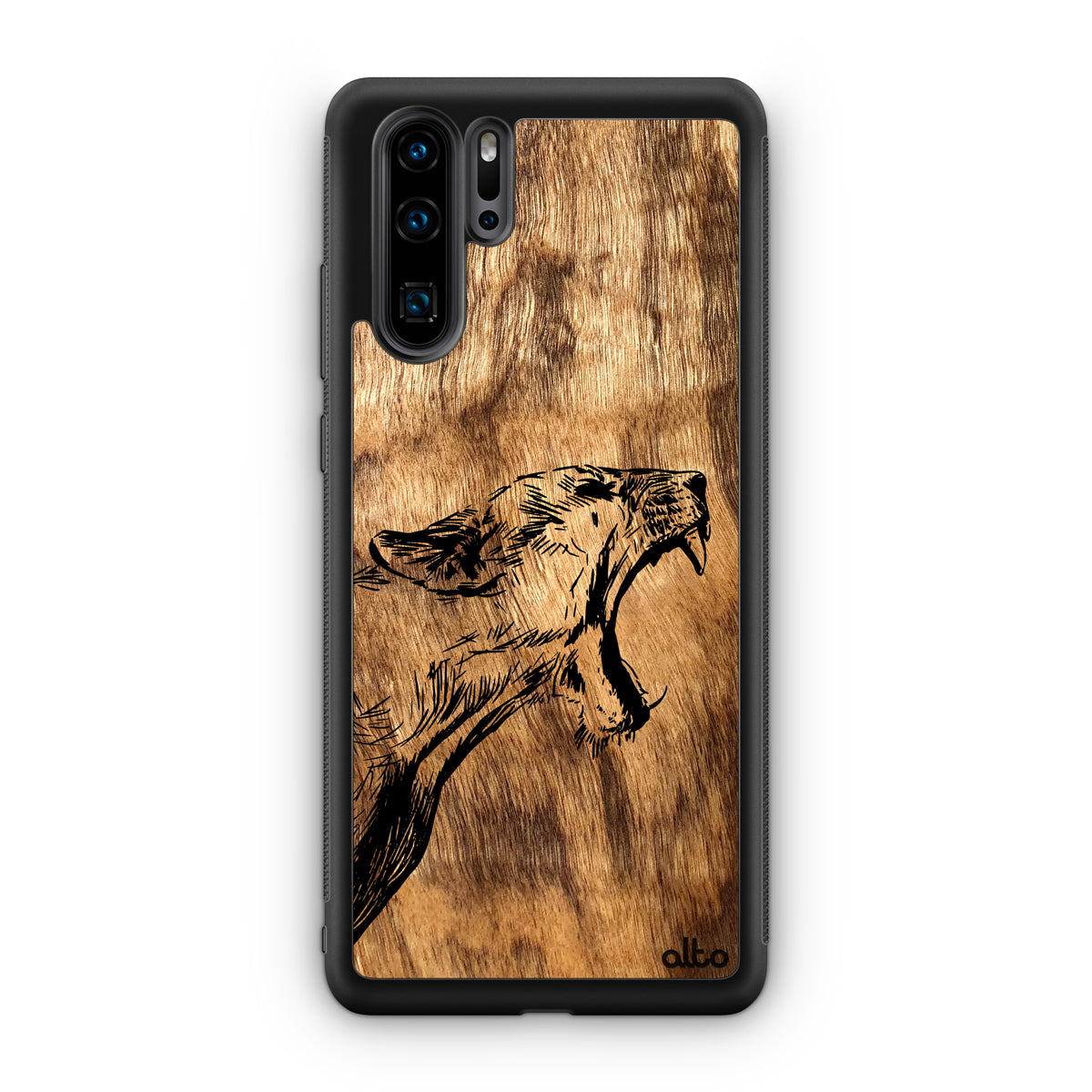 Huawei P40, P30 Pro, P30 Lite Wooden Case - Wildcat Design | Olive Wood | Lightweight, Hand Crafted, Carved Phone Case