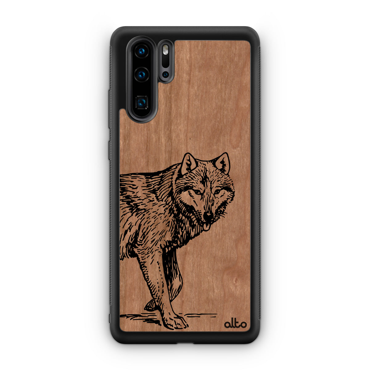 Huawei P40, P30 Pro, P30 Lite Wooden Case - Wolf Design | Cherry Wood | Lightweight, Hand Crafted, Carved Phone Case