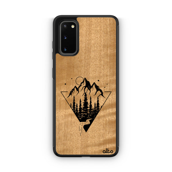 Samsung S25, S24, S23 FE Wooden Case -Mountain Streams Design | Anigre Wood | Lightweight, Hand Crafted, Carved Phone Case