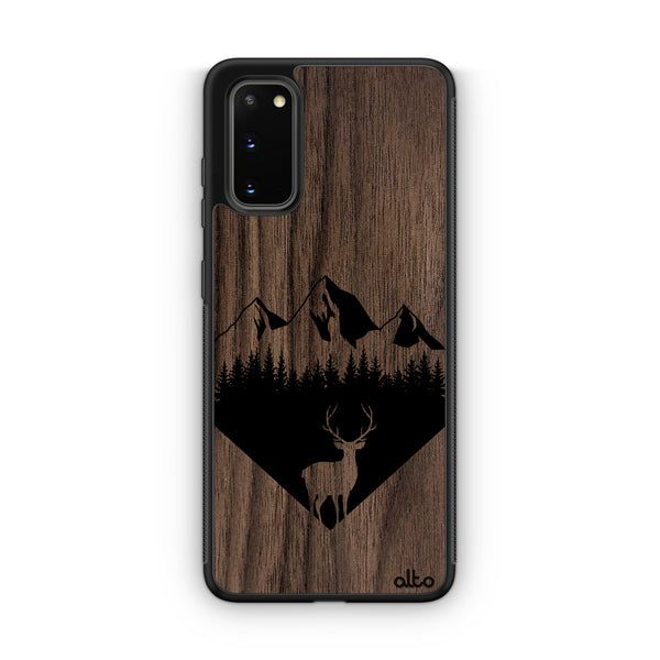 Samsung S25, S24, S23 FE Wooden Case -Backcountry Design | Walnut Wood | Lightweight, Hand Crafted, Carved Phone Case