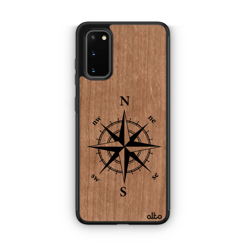 Samsung S22, S21, S20 FE Wooden Case - Compass Design | Cherry Wood | Lightweight, Hand Crafted, Carved Phone Case