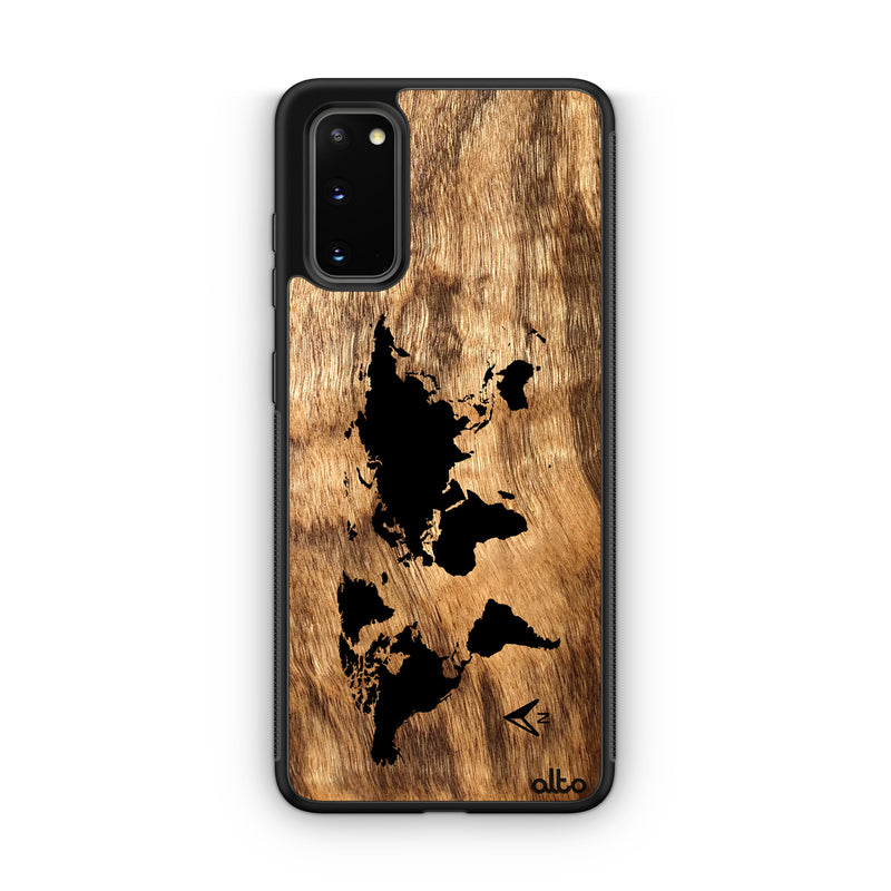 Samsung S22, S21, S20 FE Wooden Case - World Map Design | Oak Wood | Lightweight, Hand Crafted, Carved Phone Case