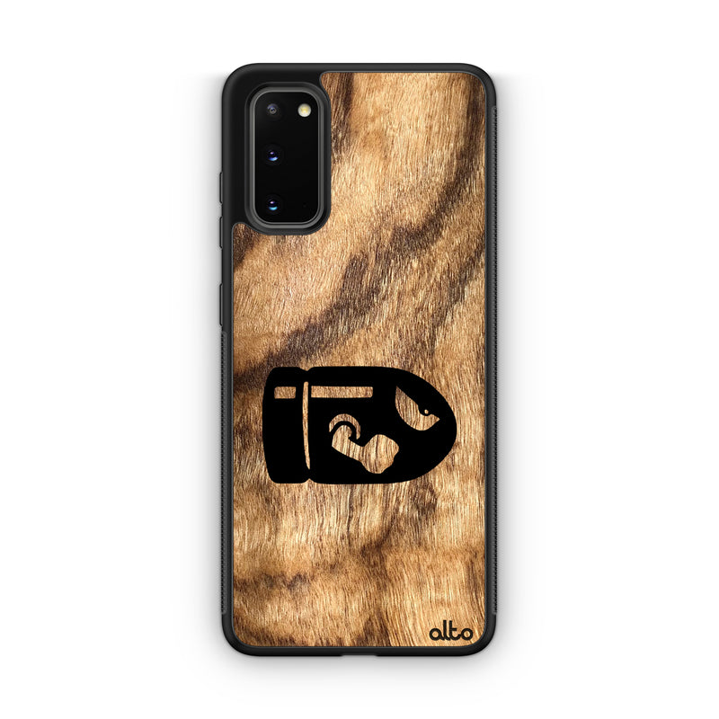 Samsung S22, S21, S20 FE Wooden Case - Bullet Bill Design | Olive Wood | Lightweight, Hand Crafted, Carved Phone Case