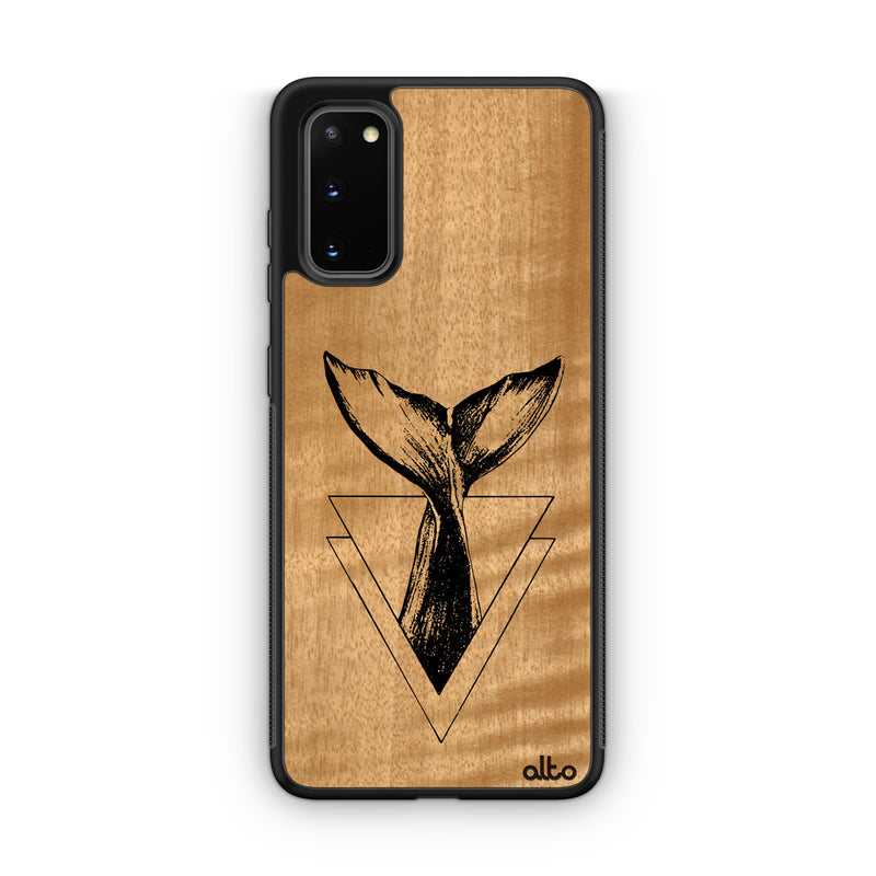 Samsung S22, S21, S20 FE Wooden Case - Whale Tail Design | Anigre Wood | Lightweight, Hand Crafted, Carved Phone Case