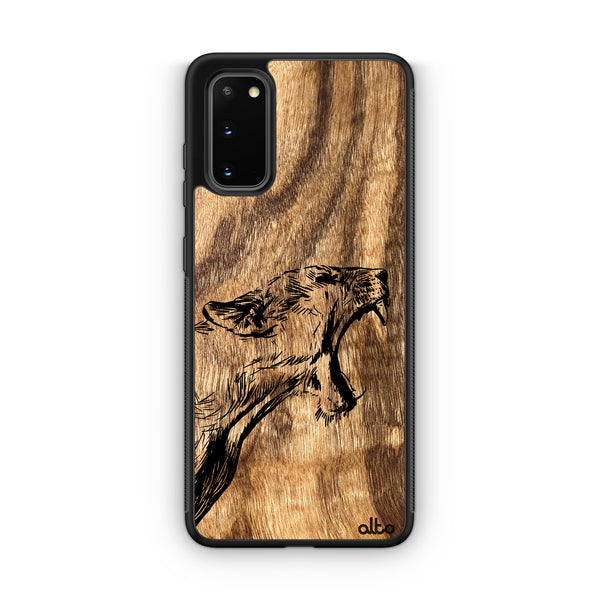 Samsung S25, S24, S23 FE Wooden Case - WildCat Design | Olive Wood | Lightweight, Hand Crafted, Carved Phone Case