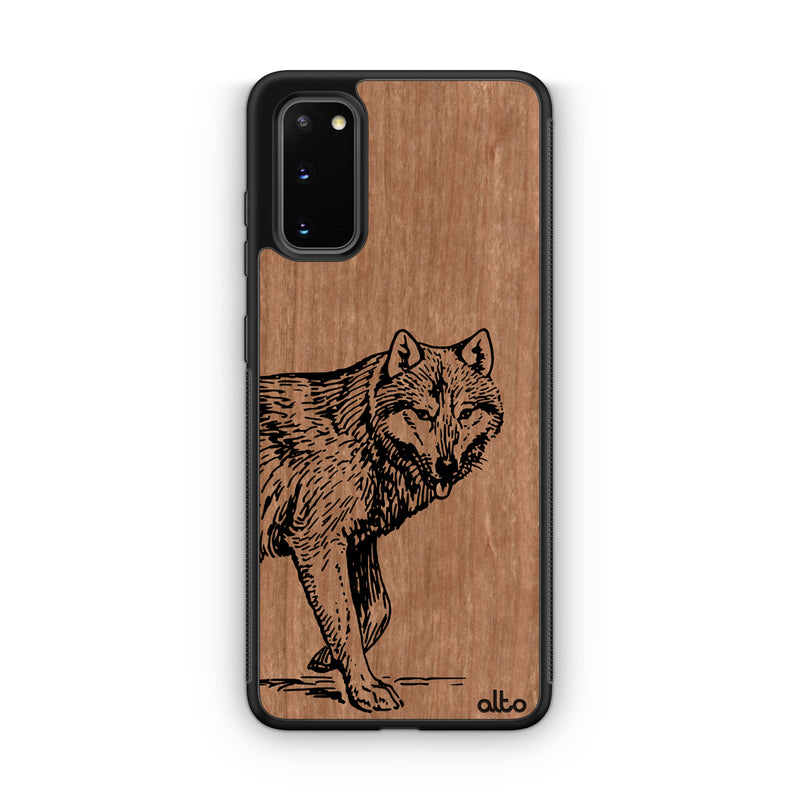 Samsung S25, S24, S23 FE Wooden Case - Wolf Design |Cherry Wood | Lightweight, Hand Crafted, Carved Phone Case