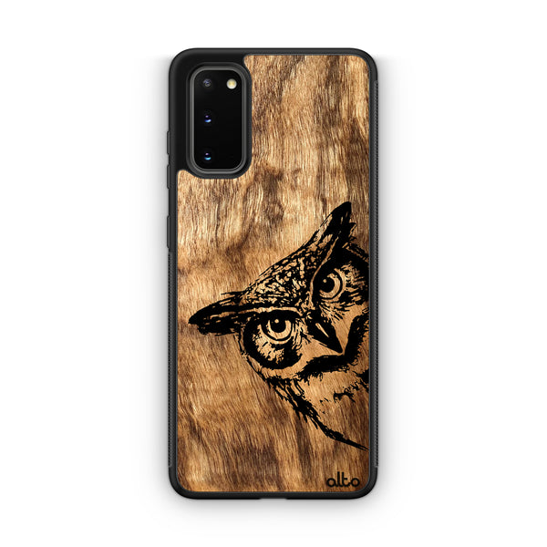 Samsung S25, S24, S23 FE Wooden Case - Owl Design | Olive Wood | Lightweight, Hand Crafted, Carved Phone Case