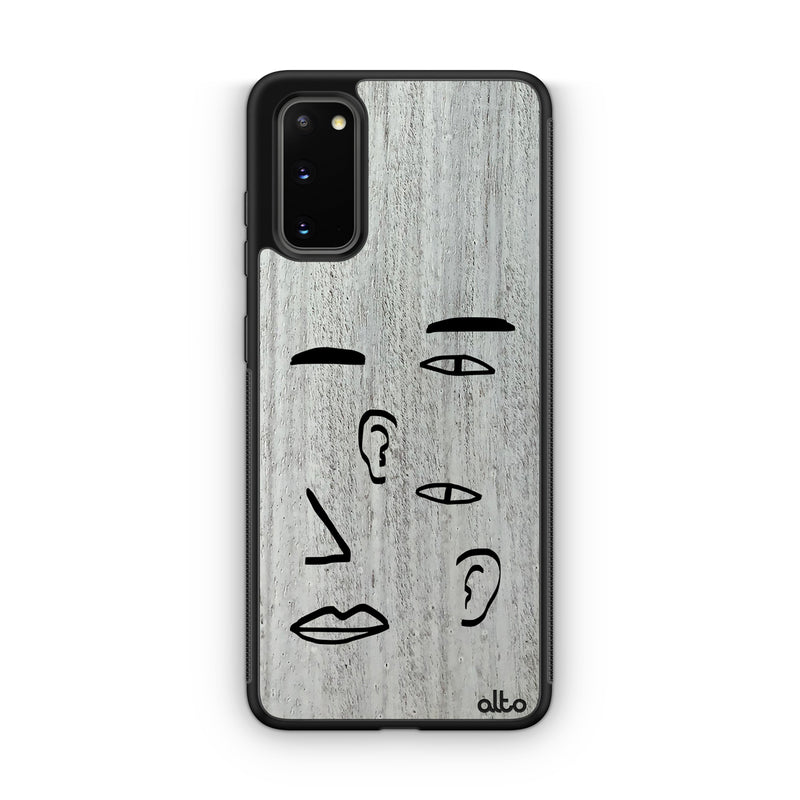 Samsung S22, S21, S20 FE Wooden Case - Eyes And Ears Design | Whitewash Mahogany | Lightweight, Hand Crafted, Carved Phone Case