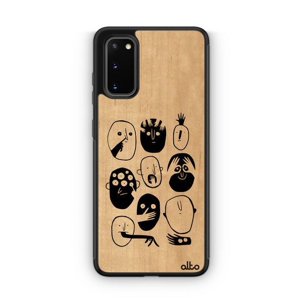 Samsung S25, S24, S23 FE Wooden Case - Faces Making Faces Design | Maple Wood | Lightweight, Hand Crafted, Carved Phone Case