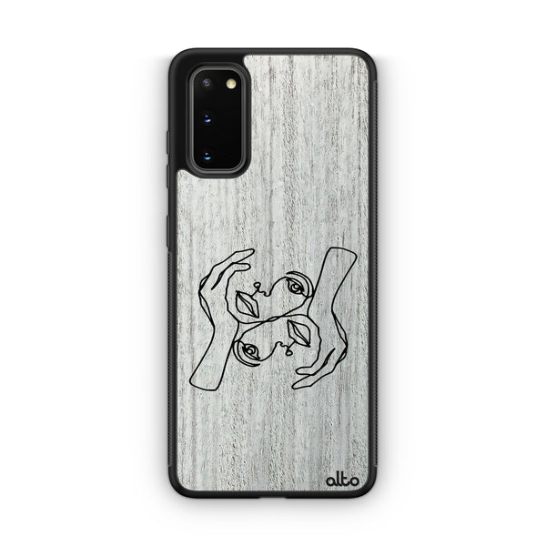 Samsung S25, S24, S23 FE Wooden Case - Head In Hands Design | Whitewash Mahogany | Lightweight, Hand Crafted, Carved Phone Case