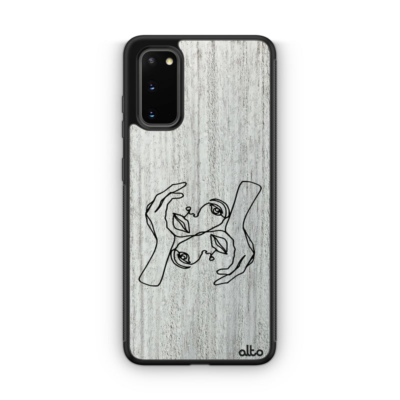 Samsung S22, S21, S20 FE Wooden Case - Head In Hands Design | Whitewash Mahogany | Lightweight, Hand Crafted, Carved Phone Case