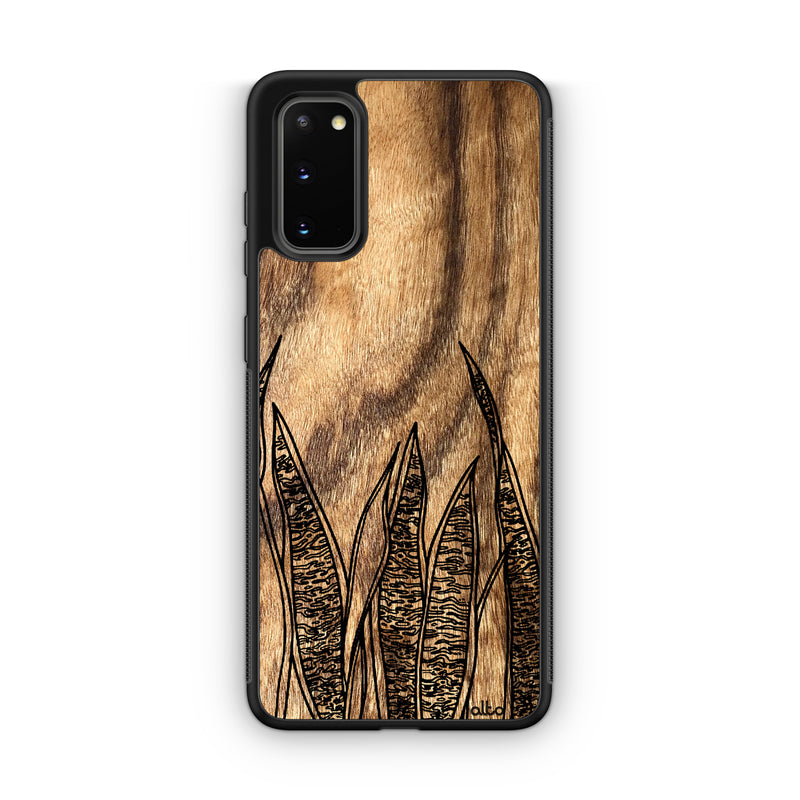 Samsung S22, S21, S20 FE Wooden Case - Snake Plant Design | Olive Wood | Lightweight, Hand Crafted, Carved Phone Case