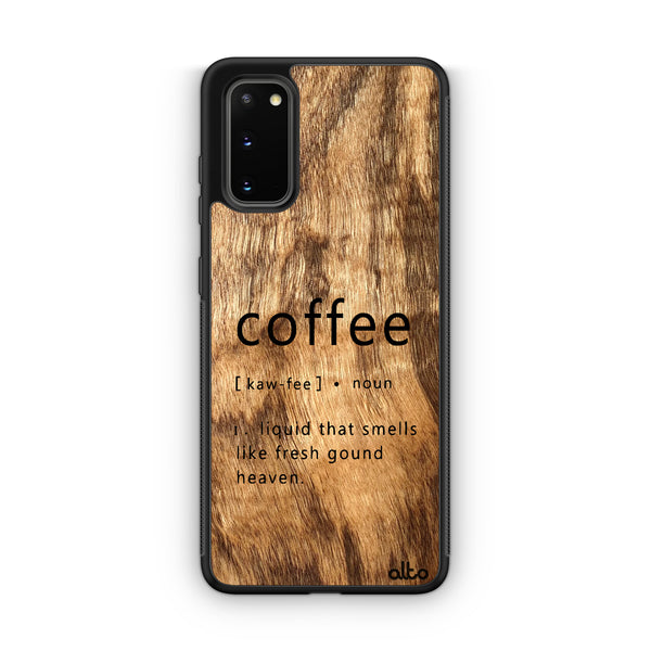 Samsung S25, S24, S23 FE Wooden Case - Coffee Design | Olive Wood | Lightweight, Hand Crafted, Carved Phone Case