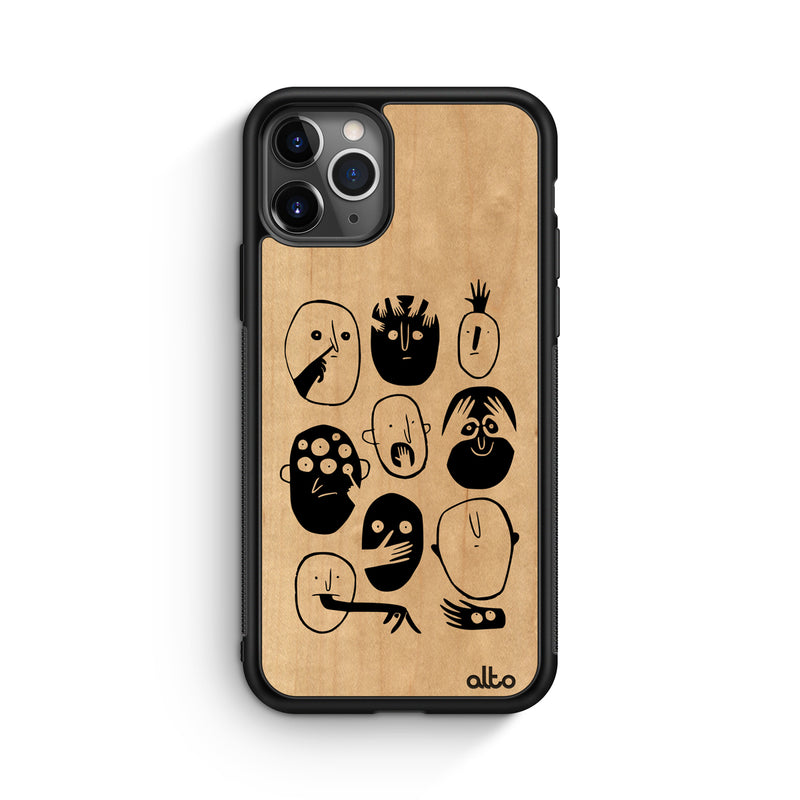 Apple iPhone 13, 12, 11 Wooden Case - Faces Making Faces Design | Maple Wood |Lightweight, Hand Crafted, Carved Phone Case
