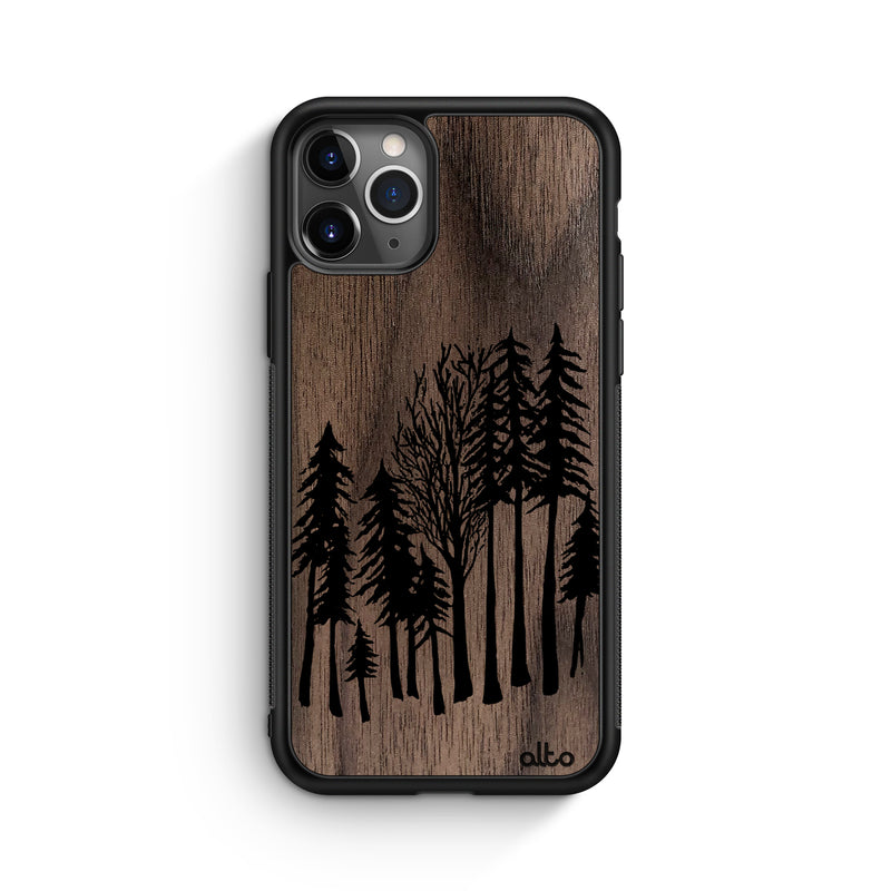 Apple iPhone 13, 12, 11 Wooden Case - Forest Design | Walnut Wood | Lightweight, Hand Crafted, Carved Phone Case