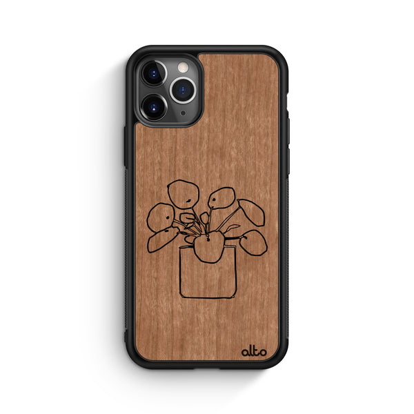 Apple iPhone 16, 15, 14 Wooden Case - Money Plant Design | Cherry Wood |Lightweight, Hand Crafted, Carved Phone Case
