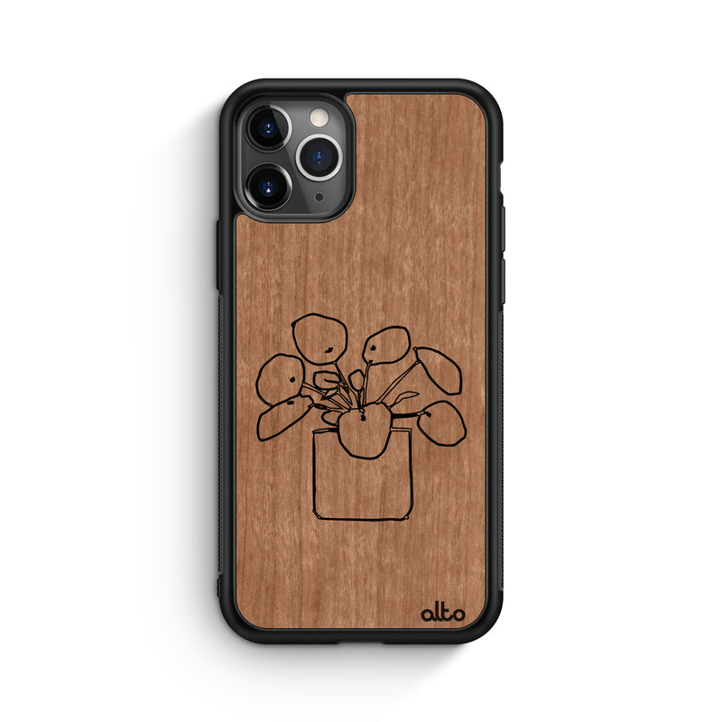Apple iPhone 13, 12, 11 Wooden Case - Money Plant Design | Cherry Wood |Lightweight, Hand Crafted, Carved Phone Case