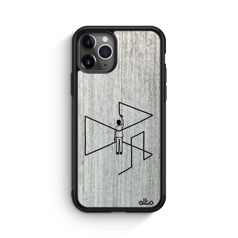 Apple iPhone 16, 15, 14 Wooden Case - Outside The Box Design | Whtiewash Mahogany |Lightweight, Hand Crafted, Carved Phone Case
