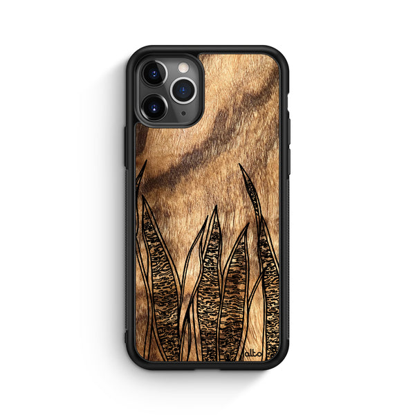 Apple iPhone 16, 15, 14 Wooden Case - Snake Plant Design | Olive Wood |Lightweight, Hand Crafted, Carved Phone Case