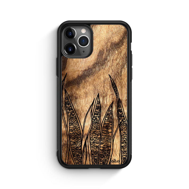 Apple iPhone 13, 12, 11 Wooden Case - Snake Plant Design | Olive Wood |Lightweight, Hand Crafted, Carved Phone Case