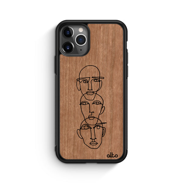 Apple iPhone 16, 15, 14 Wooden Case - Three Heads Design | Cherry Wood |Lightweight, Hand Crafted, Carved Phone Case