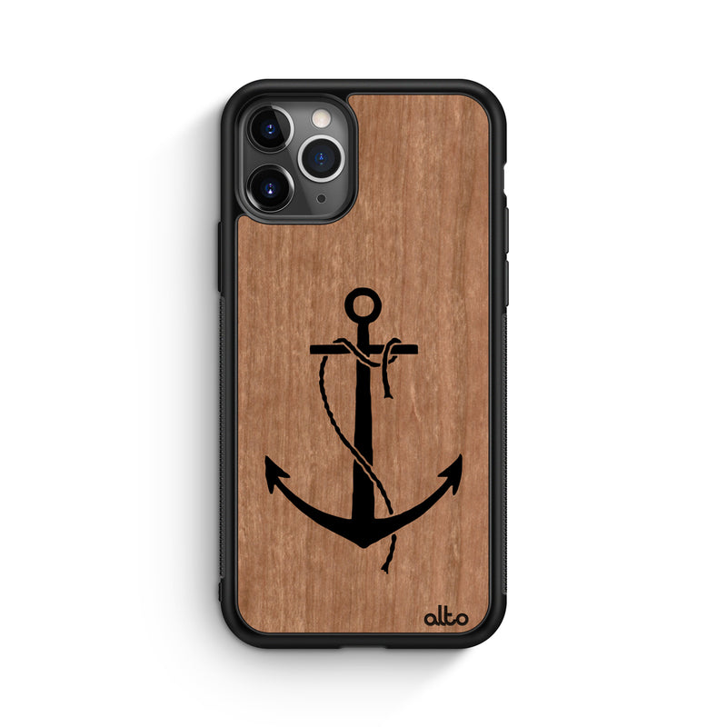 Apple iPhone 16, 15, 14 Wooden Case - Anchor Design | cherry Wood |Lightweight, Hand Crafted, Carved Phone Case