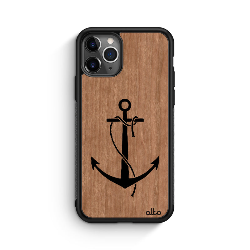 Apple iPhone 13, 12, 11 Wooden Case - Anchor Design | cherry Wood |Lightweight, Hand Crafted, Carved Phone Case
