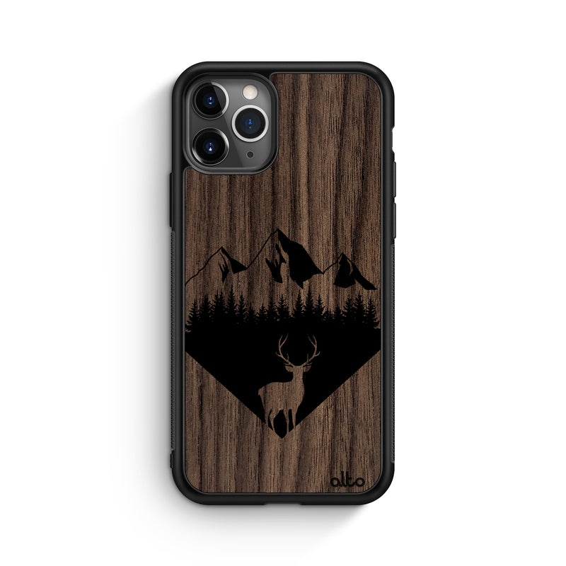 Apple iPhone 13, 12, 11 Wooden Case - Backcountry Design | Walnut Wood |Lightweight, Hand Crafted, Carved Phone Case