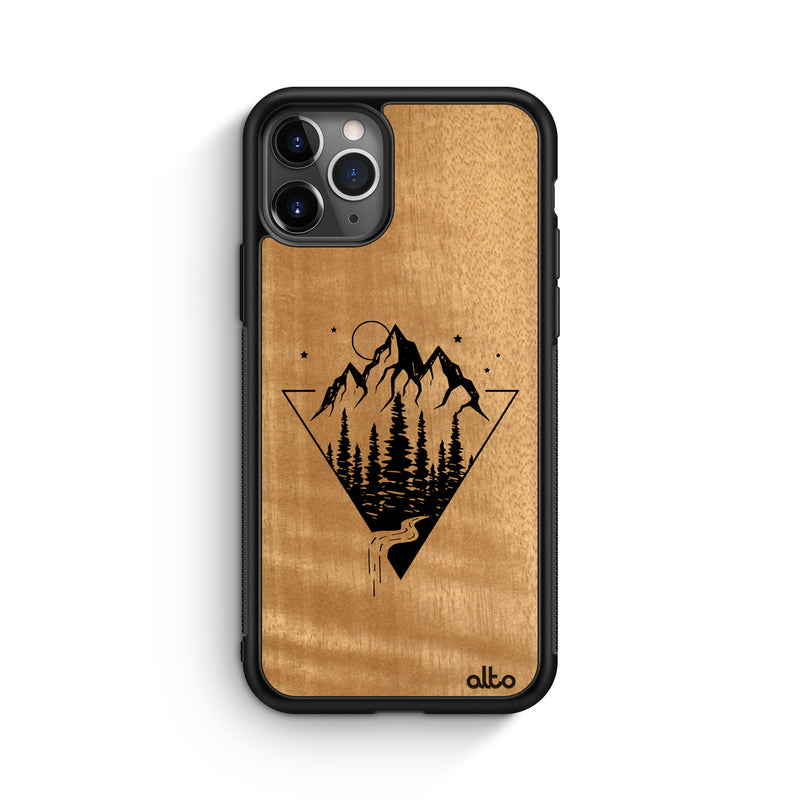 Apple iPhone 13, 12, 11 Wooden Case - Mountain Streams Design | Anigre Wood |Lightweight, Hand Crafted, Carved Phone Case
