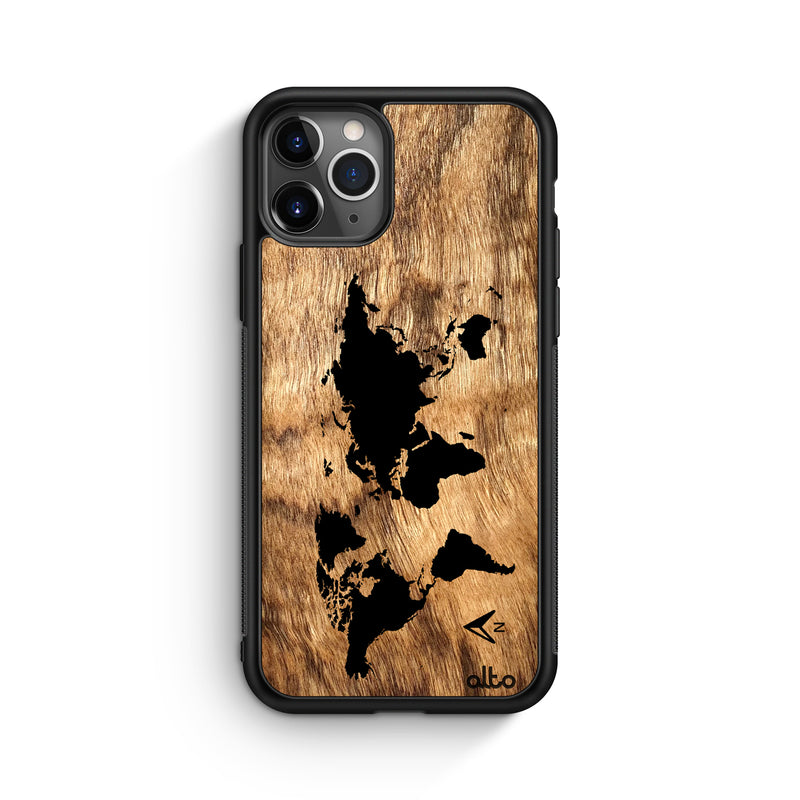 Apple iPhone 13, 12, 11 Wooden Case - World Map Design | Olivewood Wood |Lightweight, Hand Crafted, Carved Phone Case