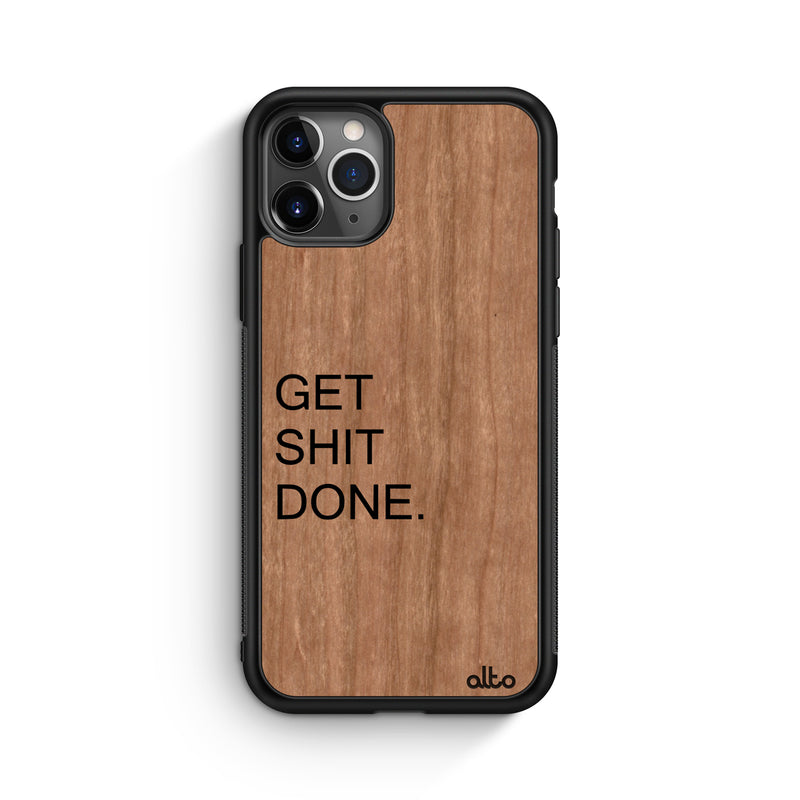 Apple iPhone 16, 15, 14 Wooden Case - Get Shit Done Design | Cherry Wood |Lightweight, Hand Crafted, Carved Phone Case