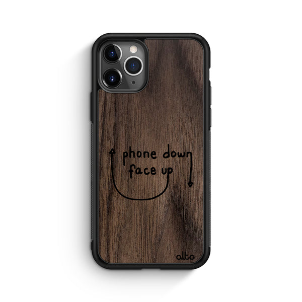Apple iPhone 16, 15, 14 Wooden Case - Face Up Design | Walnut Wood |Lightweight, Hand Crafted, Carved Phone Case