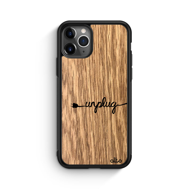 Apple iPhone 13, 12, 11 Wooden Case - Unplug Design | Oak Wood |Lightweight, Hand Crafted, Carved Phone Case
