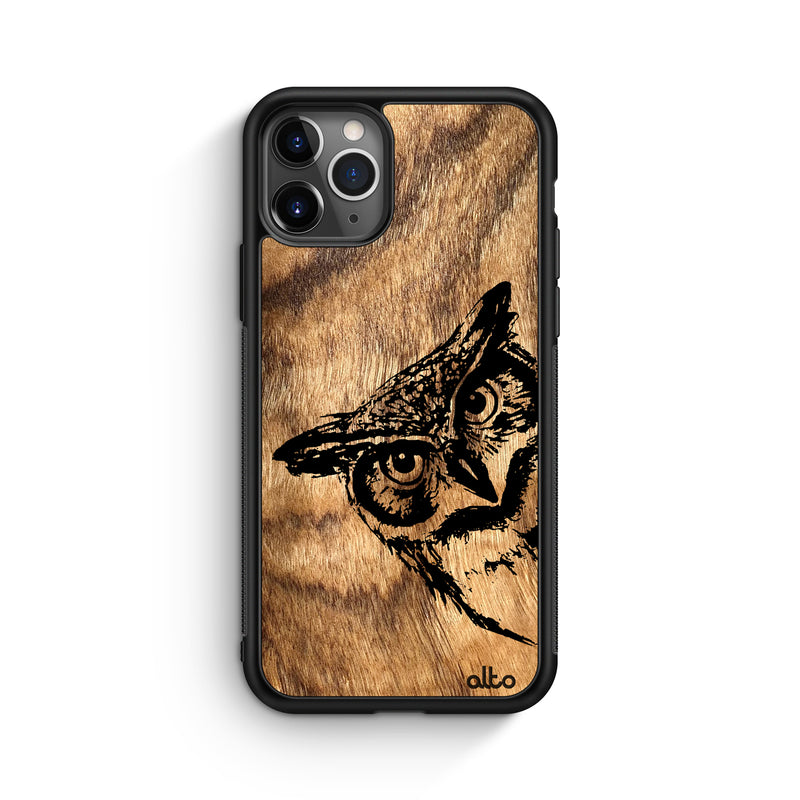 Apple iPhone 13, 12, 11 Wooden Case - Owl Design | Olive Wood |Lightweight, Hand Crafted, Carved Phone Case