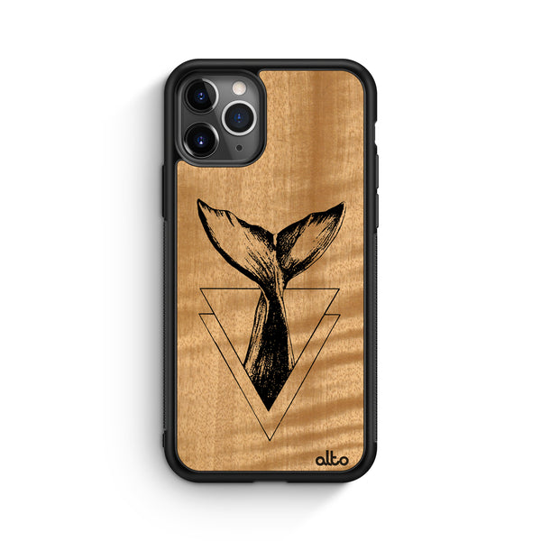 Apple iPhone 16, 15, 14 Wooden Case - Whale Tail Design | Anigre Wood |Lightweight, Hand Crafted, Carved Phone Case