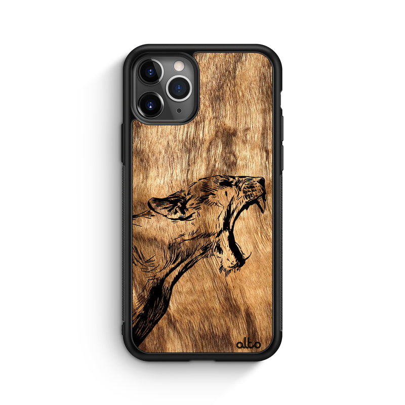 Apple iPhone 13, 12, 11 Wooden Case - Wildcat Design | Olive Wood |Lightweight, Hand Crafted, Carved Phone Case