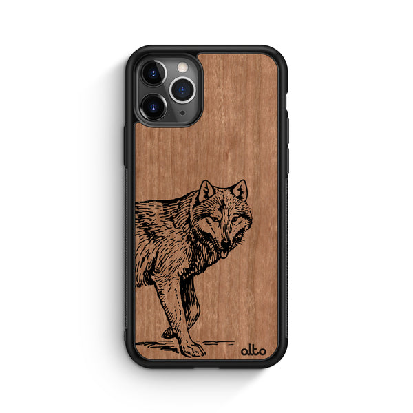 Apple iPhone 16, 15, 14 Wooden Case - Wolf Design | Cherry Wood |Lightweight, Hand Crafted, Carved Phone Case