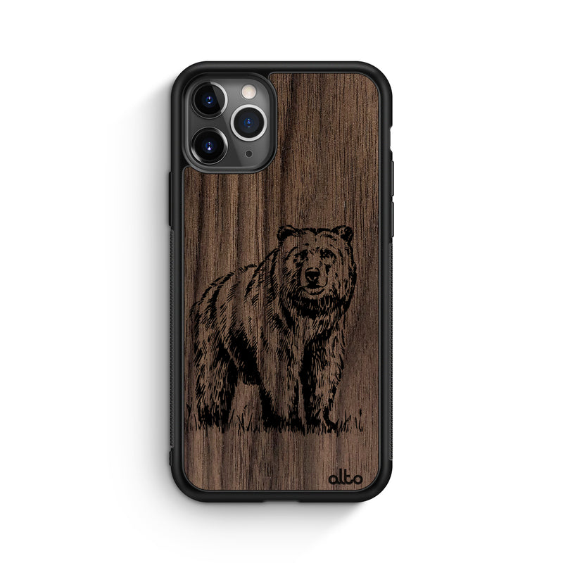Apple iPhone 13, 12, 11 Wooden Case - Grizzly Design | Walnut Wood |Lightweight, Hand Crafted, Carved Phone Case