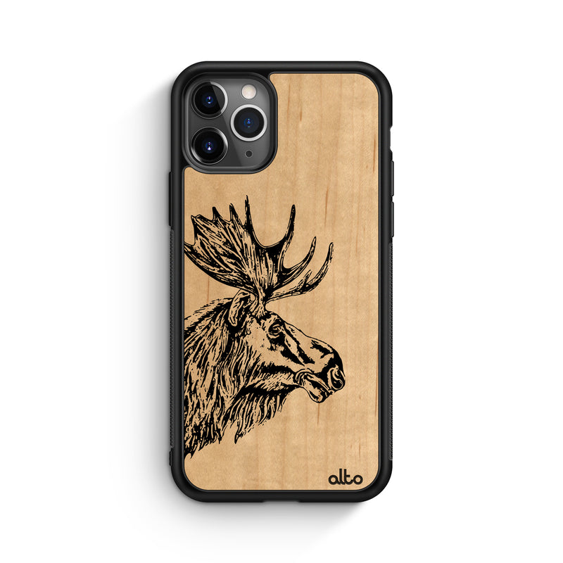 Apple iPhone 13, 12, 11 Wooden Case - Moose Design | Maple Wood |Lightweight, Hand Crafted, Carved Phone Case