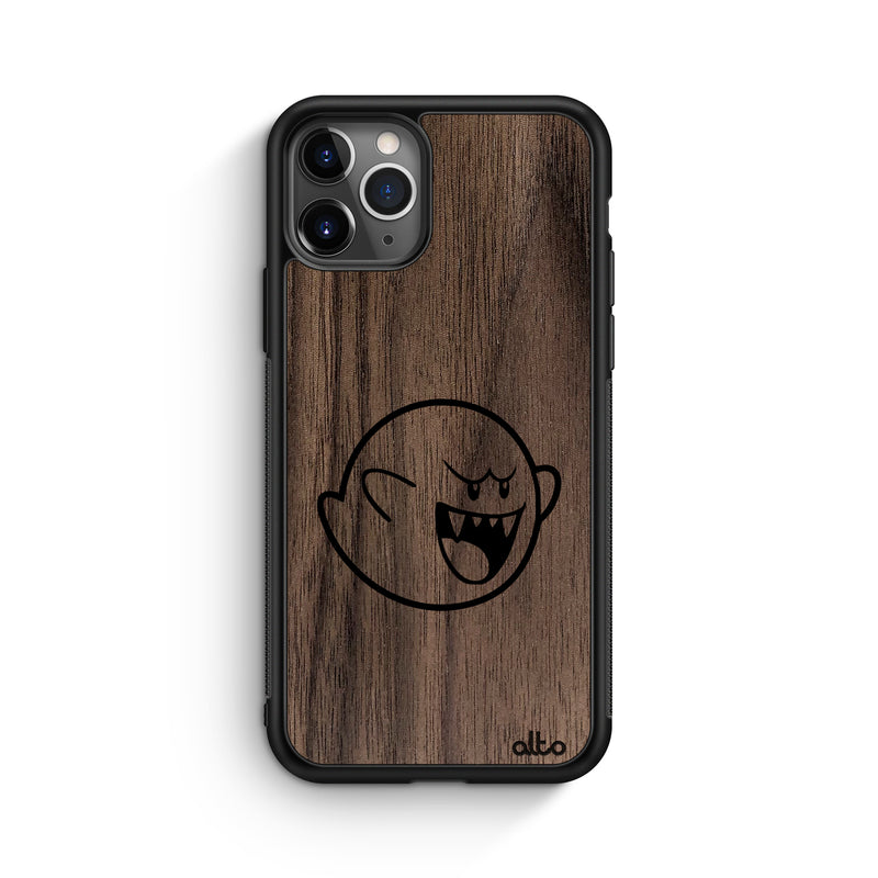 Apple iPhone 13, 12, 11 Wooden Case - Boo Design | Walnut Wood |Lightweight, Hand Crafted, Carved Phone Case