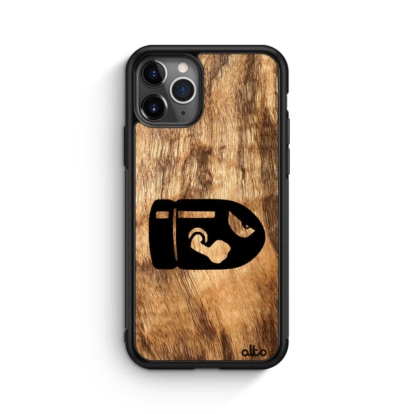 Apple iPhone 16, 15, 14 Wooden Case - Bullet Bill Design | Olive Wood |Lightweight, Hand Crafted, Carved Phone Case
