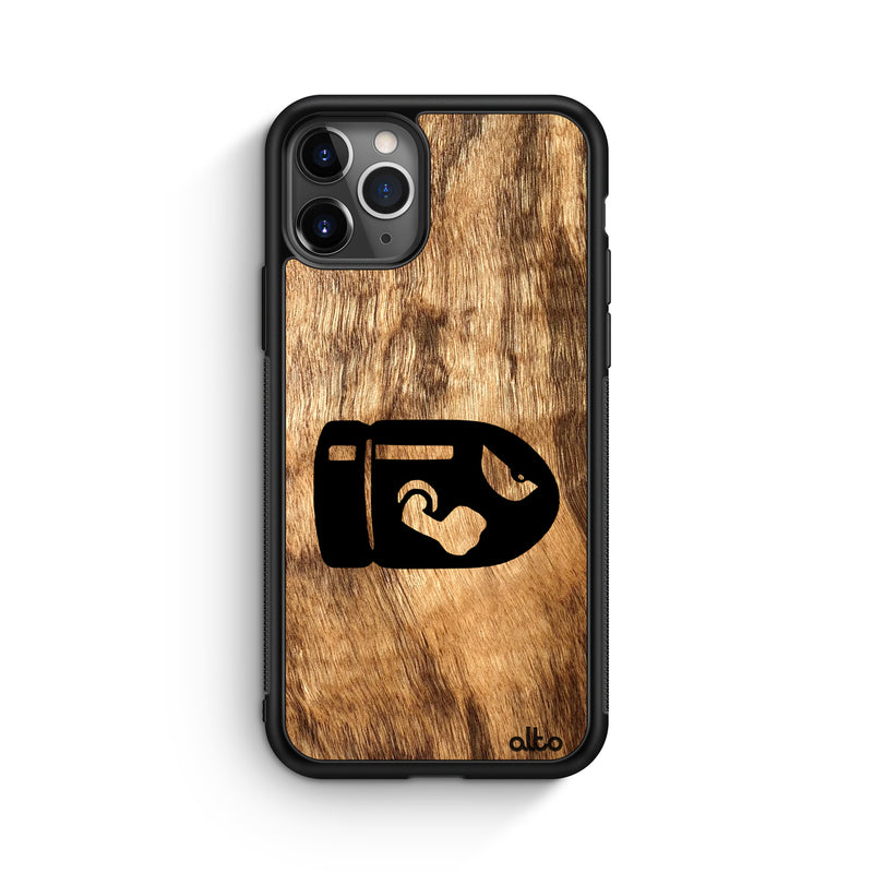 Apple iPhone 13, 12, 11 Wooden Case - Bullet Bill Design | Olive Wood |Lightweight, Hand Crafted, Carved Phone Case