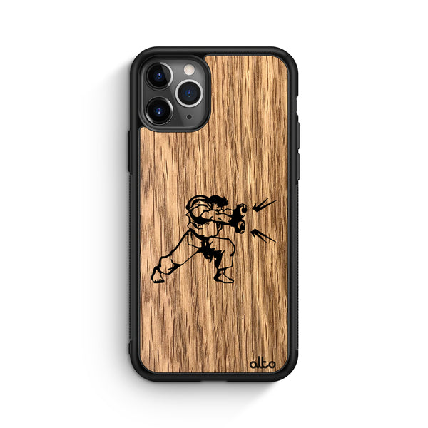 Apple iPhone 16, 15, 14 Wooden Case - Hadauken Design | Oak Wood |Lightweight, Hand Crafted, Carved Phone Case